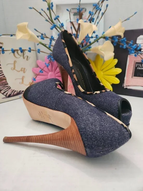 GIUSEPPE ZANOTTI Shoes Blue Denim Peep Toe Platform Heels - Picture 8 of 8